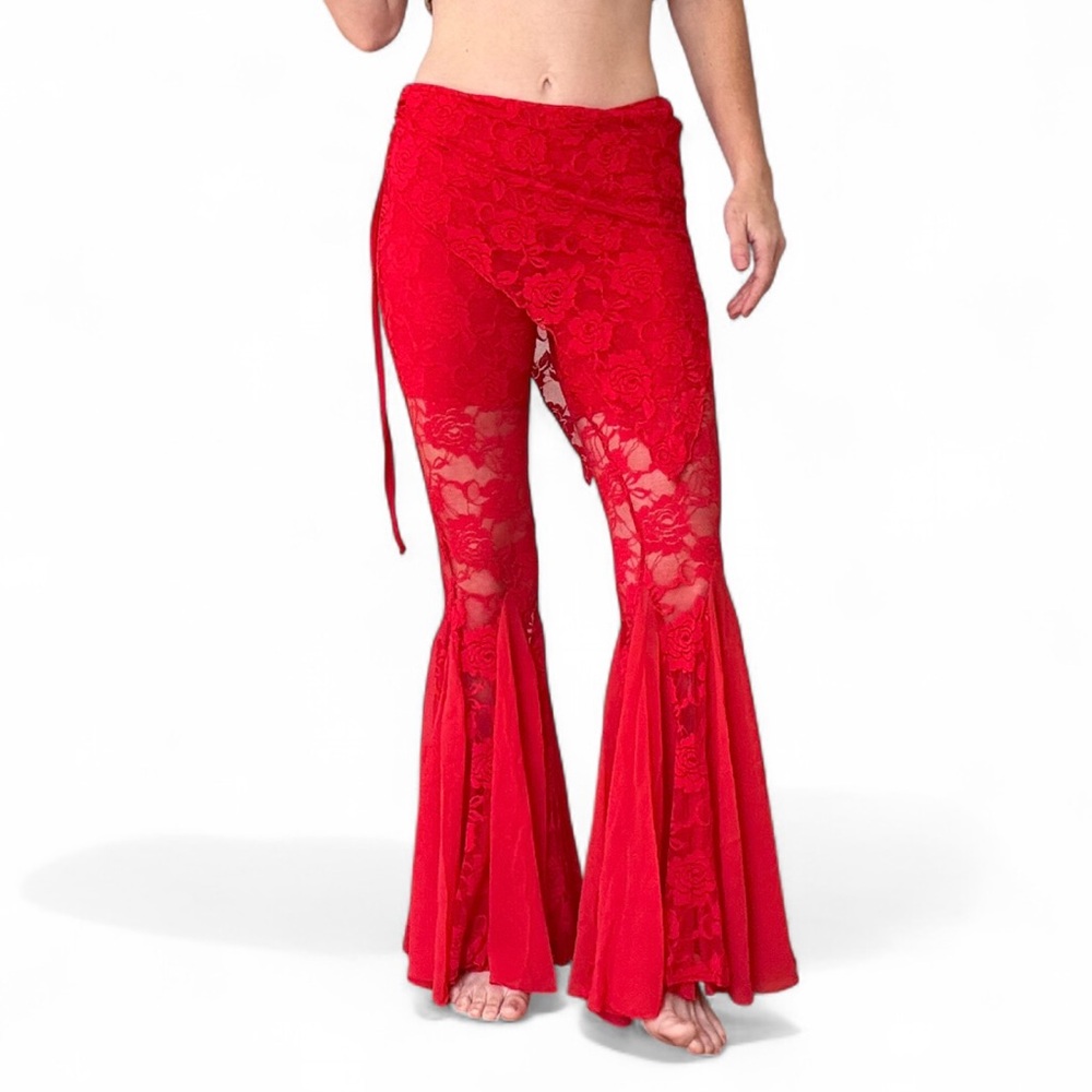Red Lace Fishtail Flare Pants Womens XS Festival Belly Dance Rave Skirt Overlay